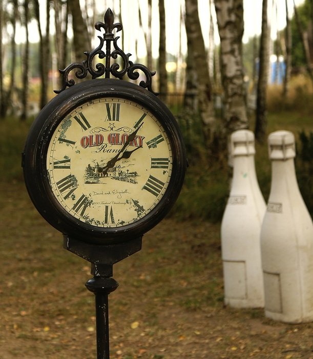 antique clock and white bottles in park