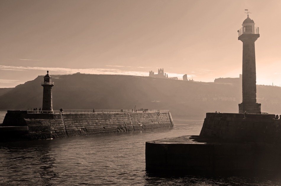 whitby harbour lighthouses at dusk, uk, england, Yorkshireâ