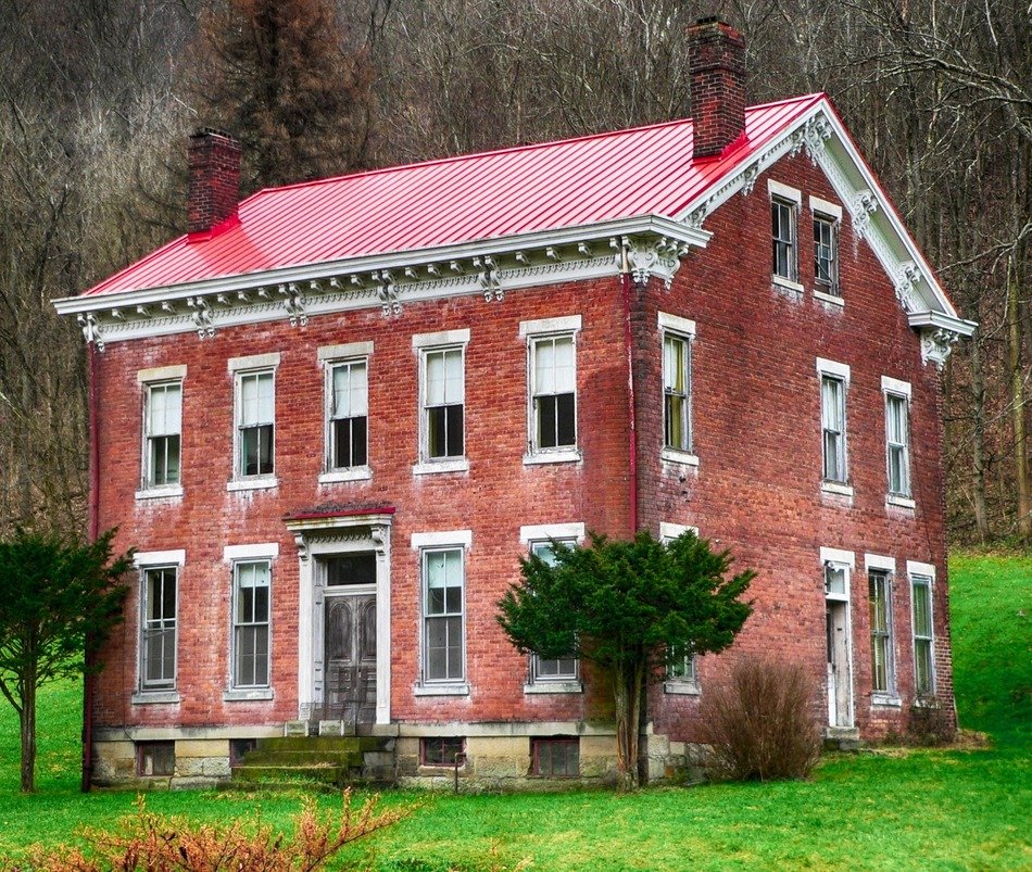 old brick building with new red roof at forest, usa, west virginia, wheeling