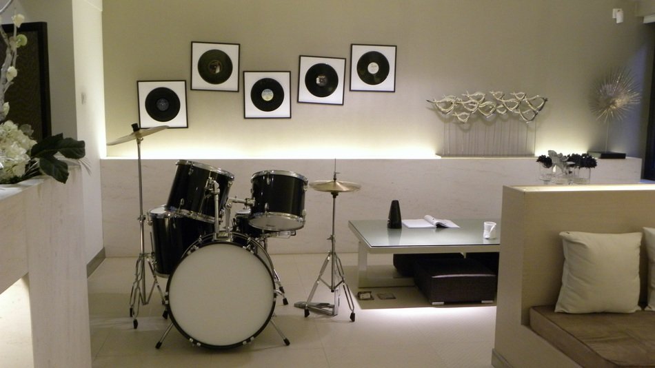 drum kit and vinyl discs in modern living room