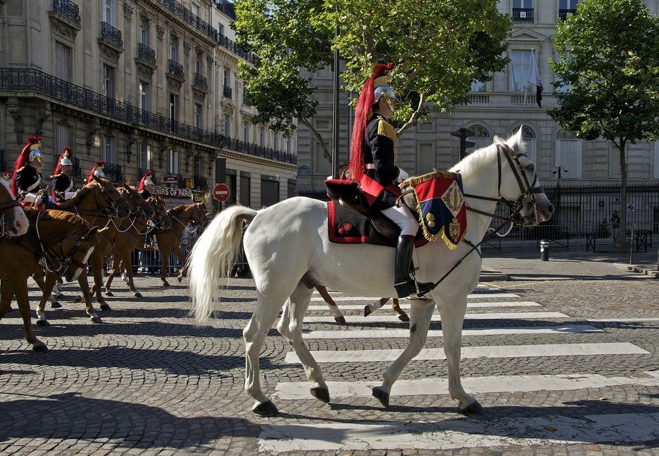 cavalry guards parading on street at summer, france, paris