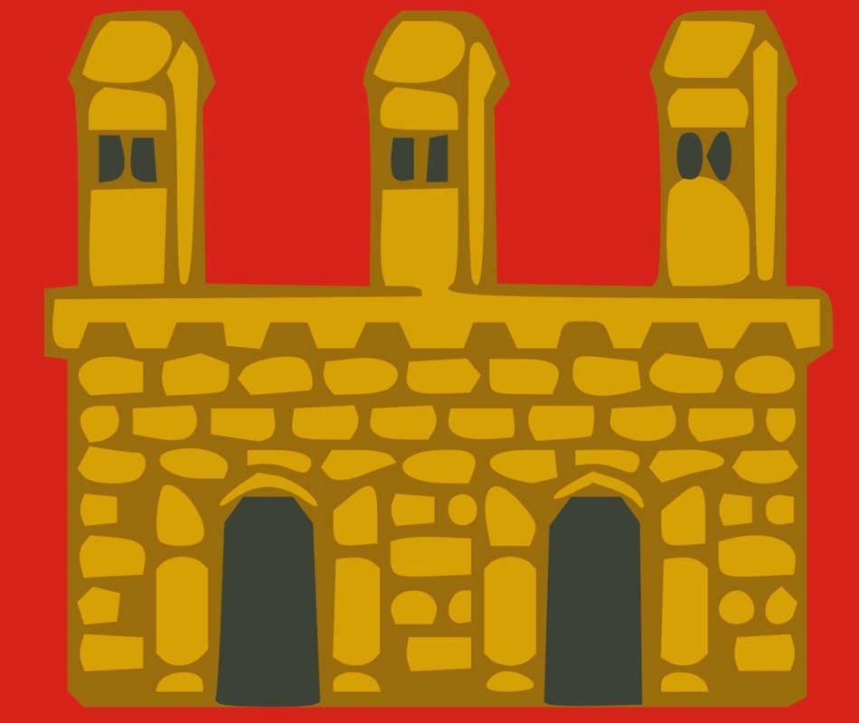 brown and yellow castle at red background, illustration