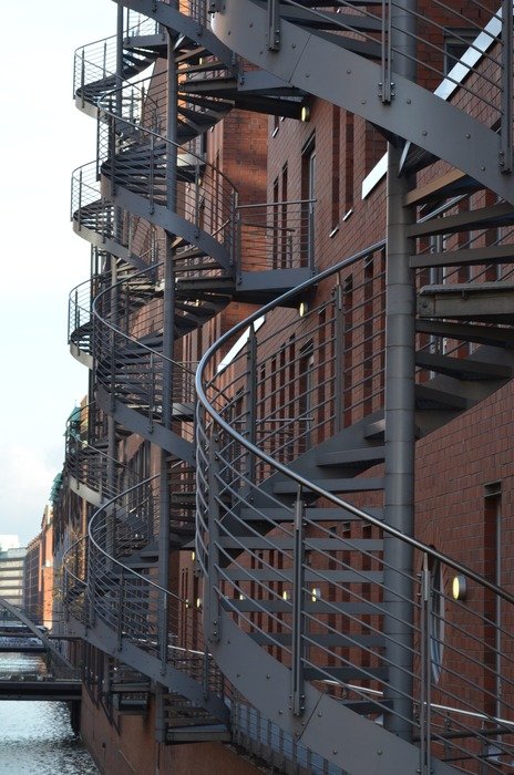 spiral metal external staicases on buildig, germany, hamburg, speicherstadt