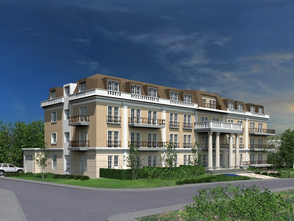 mansion with porch and roof windows