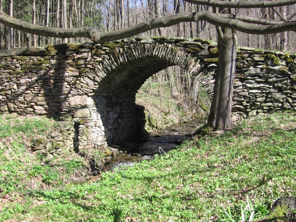 old arched wild stone bridge across stream in park