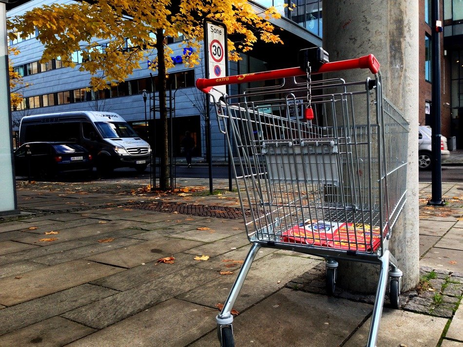 shopping cart on street in city