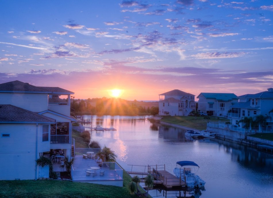 romantic sunset above florida canal, usa