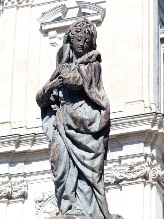 Black and white image of the Marian Column close-up