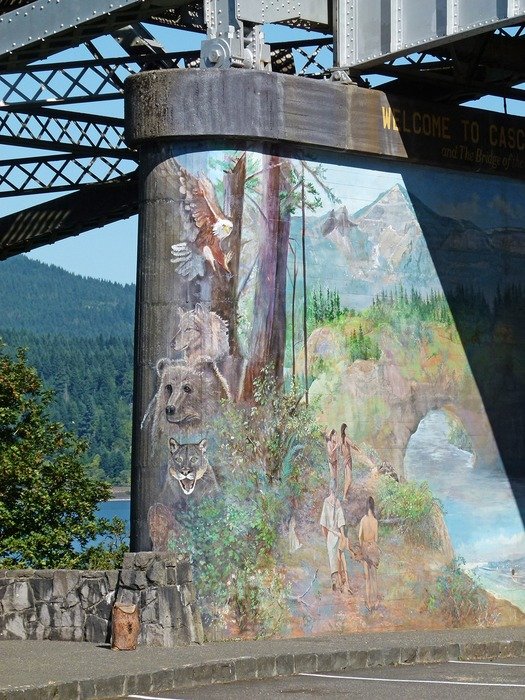 indians in wilderness, painting on bridge of the god, usa, oregon