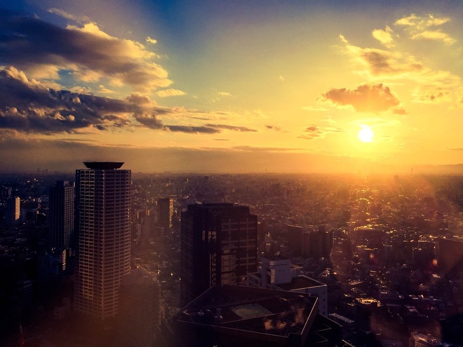 Urban landscape at sunset in Japan