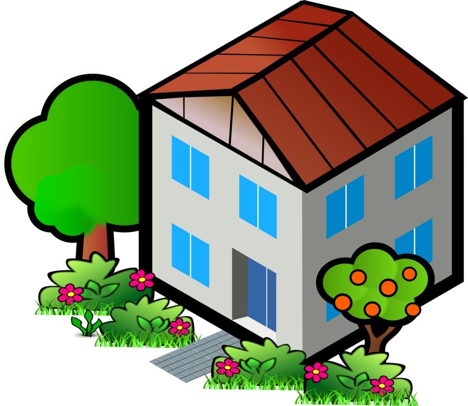 trees and flowers at residental building, illustration
