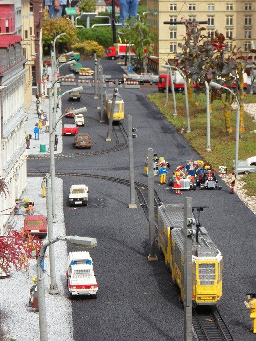 top view of lego cars on a road in city