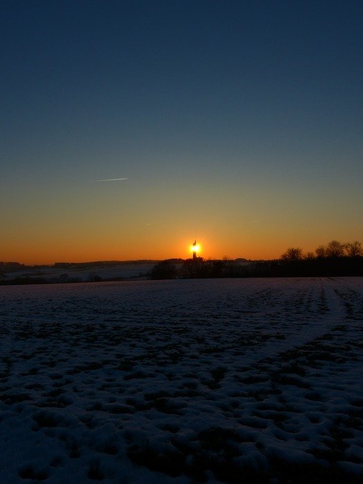 wintry field landscape at dusk