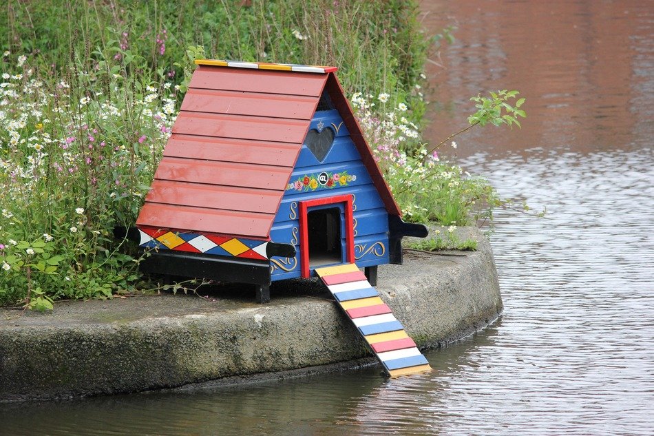 bright painted bird house at pond in garden