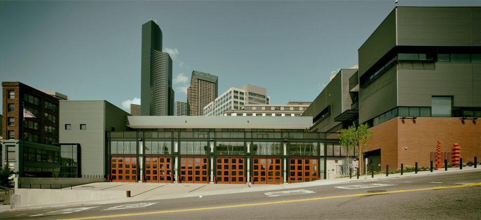 modern building of fire station in city, usa, washington, seattle