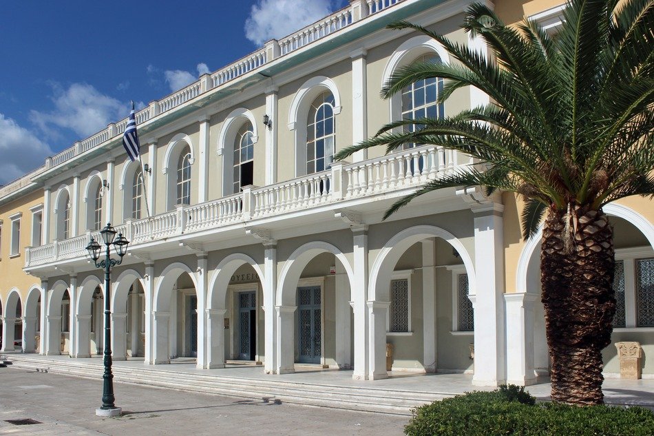 palm tree at byzantine museum building, greece, zakynthos