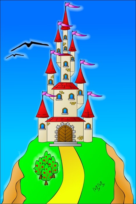 colorful fantasy castle with flags on turrets