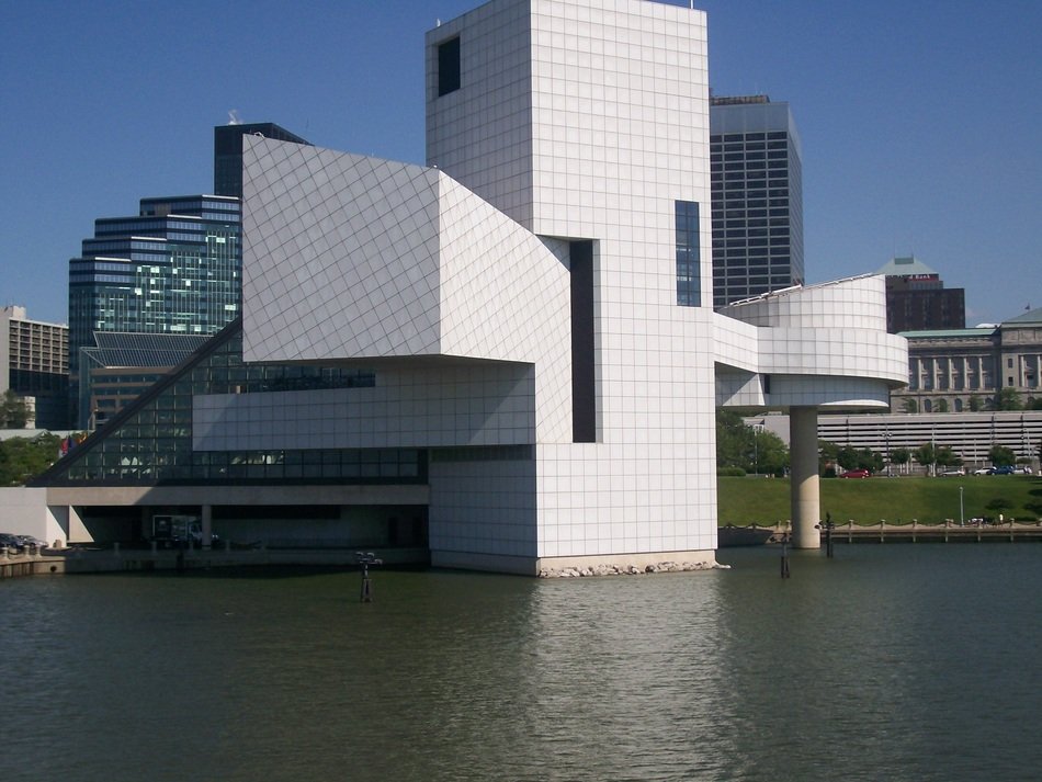 Rock and Roll Hall of Fame on lake at city, usa, ohio, cleveland