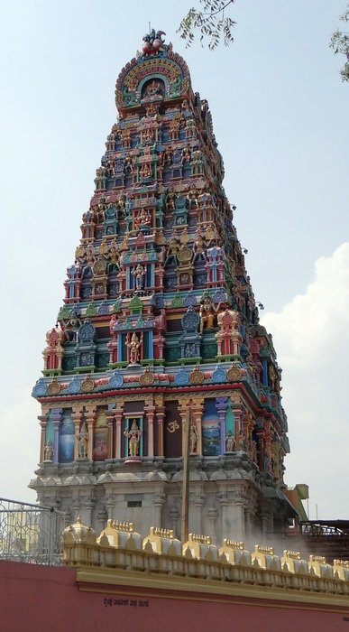 tower of ansient Polali Rajarajeshwari Temple at sky, india, karnataka, polali
