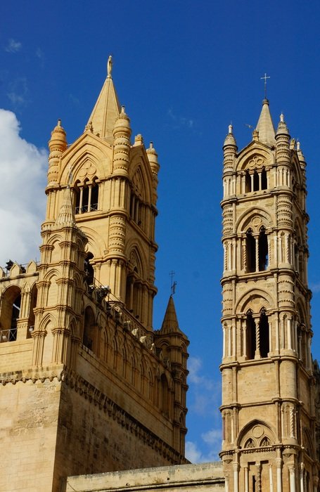 towers of palermo cathedral at sky, italy, sicily