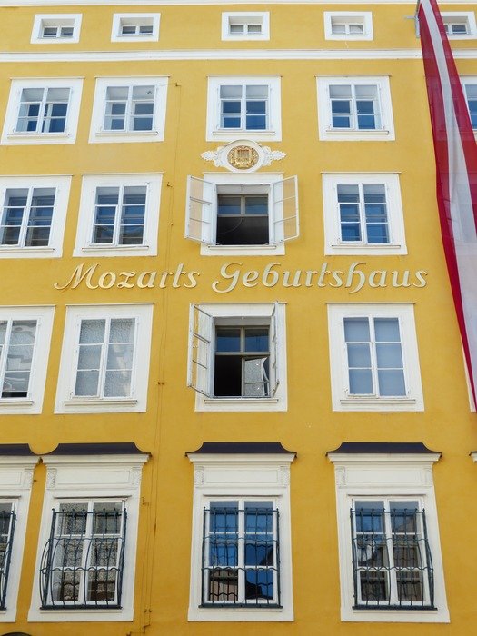 mozart birthplace, golden lettering on facade, austria, salzburg