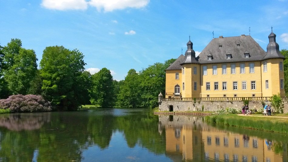 baroque moated castle at summer, hotel schloss dyck, germany, Rhineland