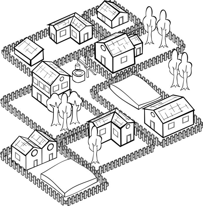 fenced houses, plan of village
