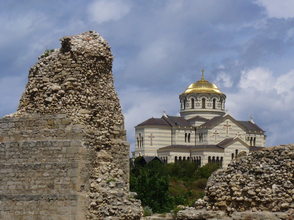 ruins on the background of the Cathedral of St. Vladimir in Sevastopol