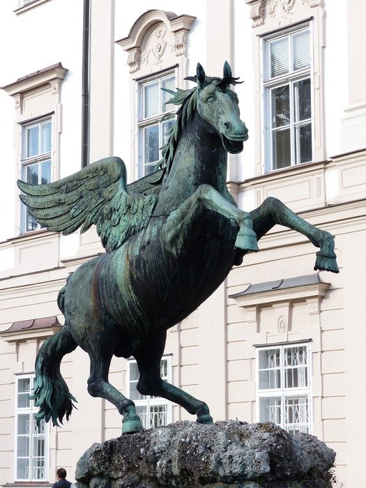 Fountain with a pegasus statue on the top