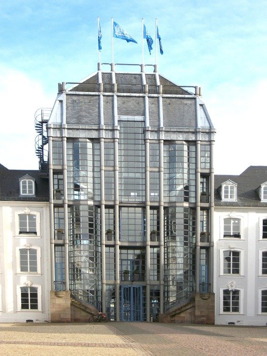 modern building with flags in SaarbrÃ¼cken