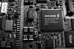 Black and white photo of Electronic chips