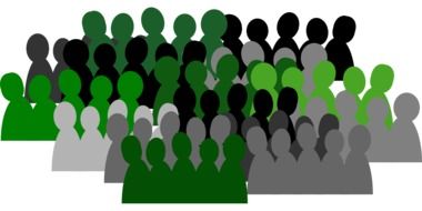 crowd of people with green and black groups, drawing