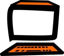 Black and orange drawing of a computer monitor with a keyboard