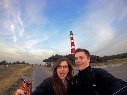 selfie on the lighthouse background in ameland