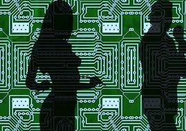 people silhouettes on green electronic circuit background