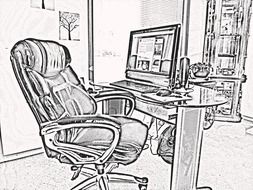 pencil drawing of a desktop with a chair