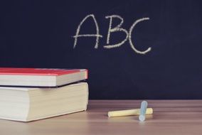 blackboard on the background of a desk with books