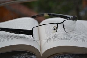 reading glasses on an open book close up