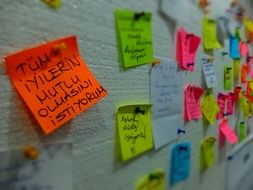 colorful papers with notes pinned down to wall