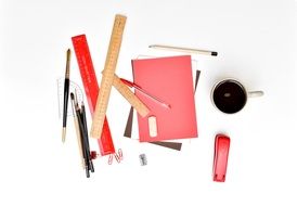 Coffe rulers pens notebook on desk