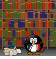 Penguin is reading books in the library