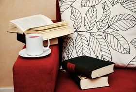 books on a red sofa with a cup of coffee