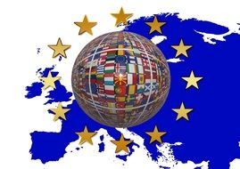 twelve stars (as on the European Flag) positioned around the ball with the image of flags of different countries