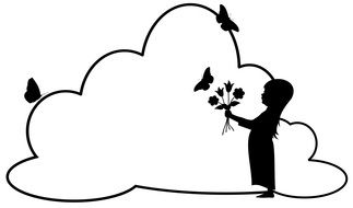 Silhouette of a little girl with a bouquet on the background of a cloud