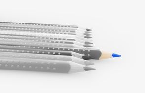 Pencil with blue core on black and white background of colored pencils