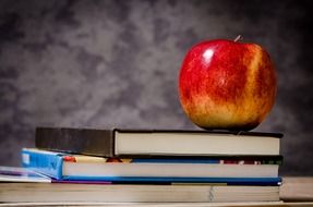 Apple on a pile of books on a gray background