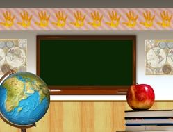 school globe world and apple drawing