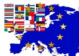 twelve stars (as on the European flag), located on the background of the planet and images of flags of different countries