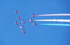 aircrafts with colorful contrails at high altitude