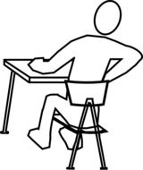 Black and white graphic image of a schoolboy at his desk with a sore back